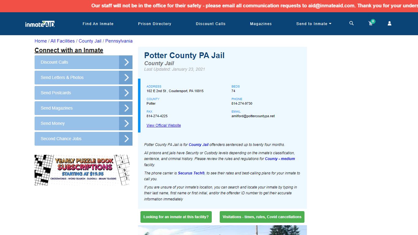 Potter County PA Jail - Inmate Locator - Coudersport, PA